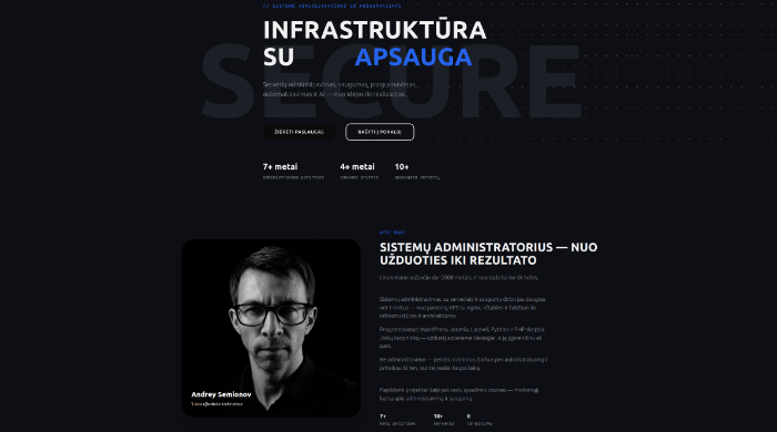Serverių administravimas, svetainių taisymas ir saugumo konfigūravimas.