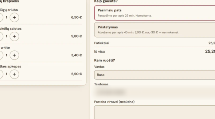 Sukursiu svetainę kavinei ar restoranui su meniu, užsakymais ir rezervacijomis